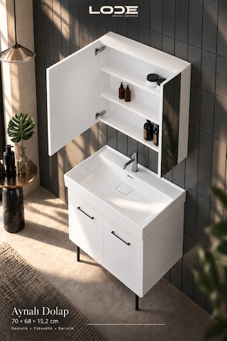 Lode Palis Ayaklı Set %100 Mdf - Alt Dolap - Üst Dolap - Cerastyle Sharp 80 Cm Seramik Lavabo Dahil Beyaz