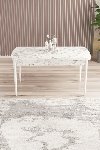 Ebrar Serisi 80x132 Açılabilir Mdf Doğal Gürgen Ayak Beyaz Mutfak Masası,yemek Masası Beyaz Mermer Desen