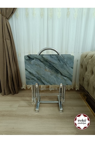 Evko Mobilya Çanta Zigon Sehpa, 4'lü Sehpa, Zigon Sehpa, Servis Sehpası, Camlı Sehpa, Katlanır Sehpa Gri