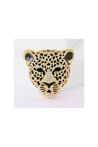 Altın Renk Zirkon Taşlı Siyah Renk Mineli Unisex Tasarım Leopar Broş Çok Renkli
