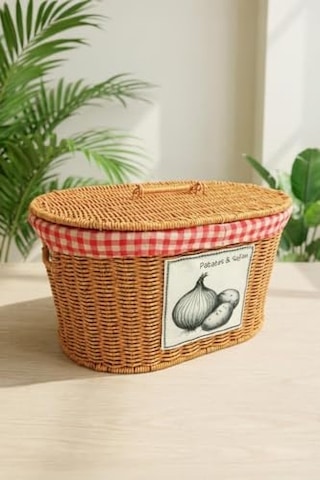 Oval Rattan Hasır Patates Soğan Çift Bölmeli Sepet Düzenleyici Organizer -9t03 Çok Renkli