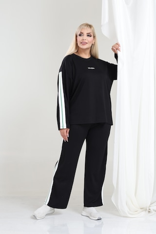 Kadın Büyük Beden Uzun Kollu Şerit Detaylı Oysho Tarzı Modal Kumaş Takım Siyah