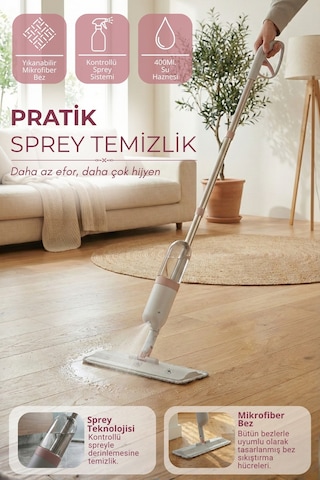 Sprey Mop 400 Ml Su Hazneli - Yıkanabilir Mikrofiber Bezli Pratik Yer Temizleme Seti
