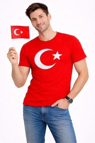 Yake Store Erkek T-shirt Kısa Kol Bisiklet Yaka Ay Yıldız Bayrak Baskılı Tişört - Kırmızı - Kırmızı