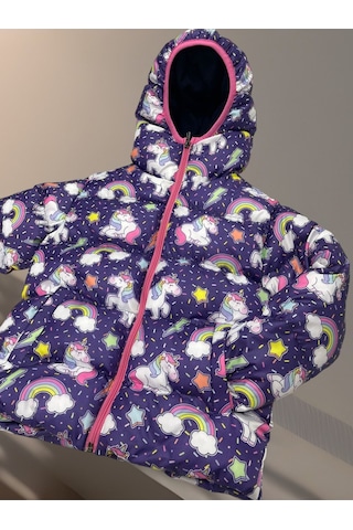 Kız Çocuk Içi Polarlı Kapüşonlu Unıcorn Desenli Kışlık Şişme Mont Çok Renkli