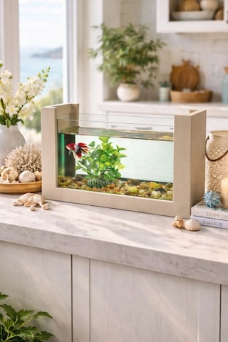 Reyo Ok-ay Store Beta Balığı İçin Ahşap Mini Akvaryum Modern Şık Doğal Minimal Tasarım Akvaryum Krem