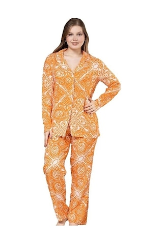 Yaren Collection Pamuklu Kadın Pijama Takımı Uzun Kollu Nefes Ala Turuncu