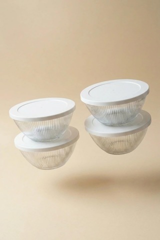 4'lü Set Çizgi Desenli Kapaklı Cam Saklama Kabı 415 Ml Beyaz