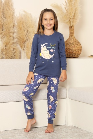 Kız Çocuk %100 Pamuk İnterlok Kumaş Pijama Takımı 6-15 Yaş 12421 Indigo