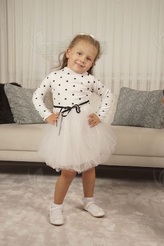 Puantiyeli Kız Çocuk Uzun Kollu Doğum Günü Ve Özel Günler İçin Tüllü Elbise Beyaz