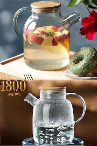 Morponi Ateşe Dayanıklı Borosilikat Cam Bambu Kapaklı Bitki Çayı Demliği & Sürahi 1800 Ml Şeffaf