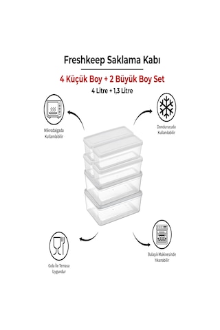 6 Adet Saklama Kabı 2 Büyük-4 Orta Boy 4 Litre + 1,3 Litre Derin Dondurucu Mikrodalga Uyumlu Ekru