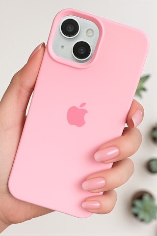 Iphone 15 Uyumlu Kılıf Logolu Lansman Soft Yumuşak Içi Kadife Silikon Kapak Pembe