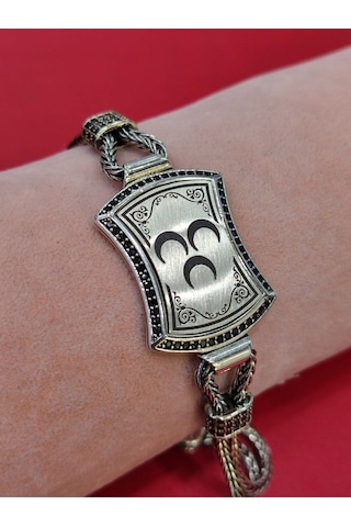 Modagümüşevi 925 Ayar Gümüş Üç Hilalli El Yapımı Hasır Bileklik, Üç Hilal Erkek Bileklik