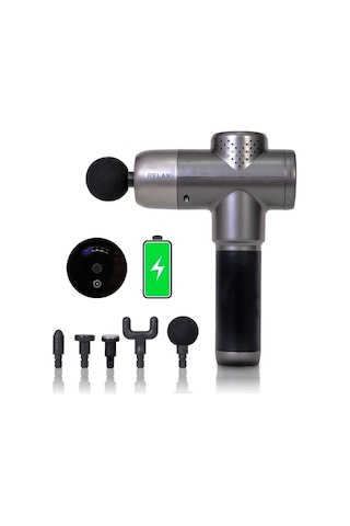 Profesyonel Şarjlı 5 Başlıklı Masaj Tabancası Vurmalı Titreşim Spor Aleti Gri
