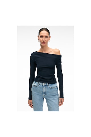 Grımelange OLIVIENN Kadın Omuzu Açık Asimetrik Yakalı Uzun Kollu Slim Fit Lacivert Bluz