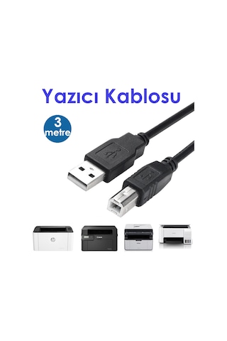 3 Metre Usb Yazıcı Kablosu Printer Kablosu Epson HP Uyumlu Canon Yazıcı