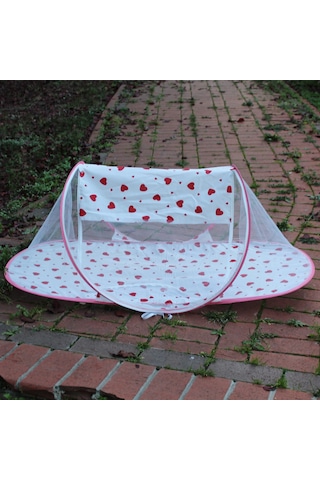 Çantalı Katlanabilir Bebek Cibinlik Gölgelik Çadırı 60x120 Cm Kalp Desenli, Sinek Ve Haşere Koruma