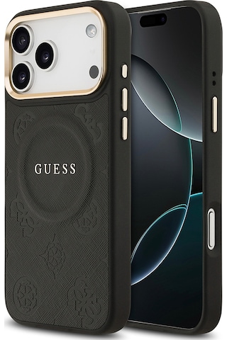 Apple Uyumlu iPhone 17 Pro Max Kılıf Guess Lisanslı M-safeli Sıcak Baskılı Yazı Logolu Pu Deri Peony Siyah Siyah