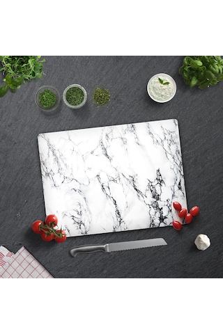 Decorita Beyaz Mermer Görünümlü Cam Kesme Tahtası 30 x 40 CM
