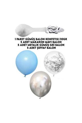 Beysüs 15'li Gümüş Konfetili 5 Şeffaf Balon 5 Makaron Mavi 5 Metalik Gri Balon Seti Standart