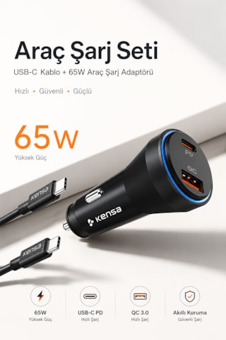 Kensa 65w Çift Portlu Hızlı Araç Şarj Aleti + Usb-c To Usb-c Şarj Kablosu Seti 65w Araç Şarj Cihazı
