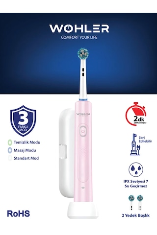 Wohler Değiştirilebilir Başlıklı Şarj Edilebilir Elektrikli Diş Fırçası - Pembe Şarjlı