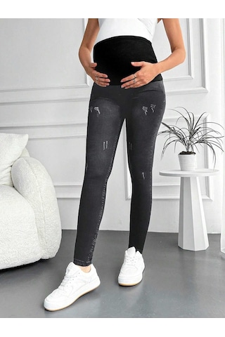 Kene Jeans Kadın Füme Hamile Esnek Karın Bantlı Tırnaklı Dar Paça Jeans Pantolon