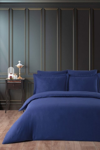 Varol Çift Kişilik Saten Çizgili Nevresim Takımı Lastikli Çarşaf, Parlak Ve Yumuşak Kumaş Lacivert