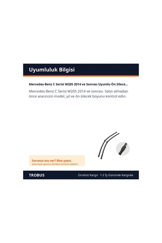 Trobus Mercedes-benz C Serisi W205 2014 Ve Sonrası Uyumlu Ön Silecek Süpürge Takımı