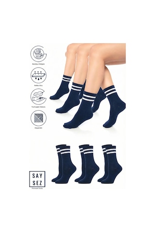 Saysez Bambu Unisex Tenis Kolej Çizgili Premium Lacivert Renk Dikişsiz Soket Çorap 3'lü Paket Lacivert