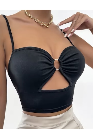 Merry See Aksesuarlı Şık Crop Büstiyer T-shirt Siyah