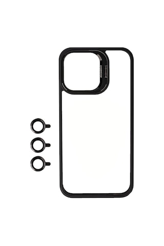 Apple Uyumlu iPhone 15 Pro Max Kılıf Kamera Lens Korumalı Standlı Zore Klon Lensli Kapak Siyah