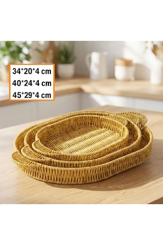 İç İçe Geçebilen 3 Lü Oval Plastik Rattan Tepsi Seti Hasır Görünümlü Çok Amaçlı Servis Ve Sunum Tepsi Çok Renkli