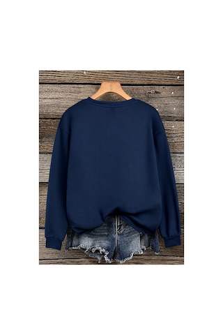 Esade Kadın Sonbahar Yaprakları Grafik Baskılı Rahat Kalıp Bisiklet Yaka Lacivert Sweatshirt Lacivert