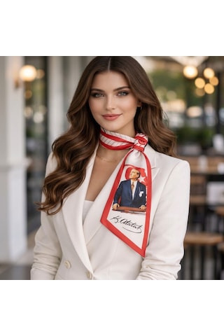 Mavi Masal Atatürk İmzalı Kırmızı Beyaz Kadın Fular Atatürk İmzalı Kadın Fular Kırmızı Beyaz Atatürk Portreli Fular