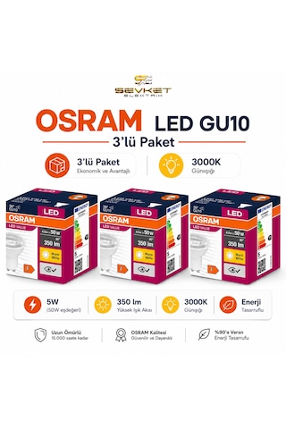 Osram Gu10 3'lü Paket Led Ampul 4.5w 3000k Günışığı 3 Adet Osram Gu10 3'lü Paket Led Ampul 4.5w 3000k Günışığı 3 Adet