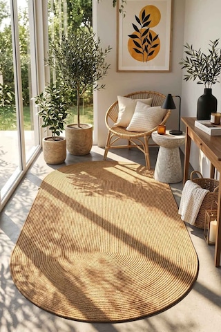Nostera Örgü Hasır Görünümlü Oval Dekoratif Salon Kilimi Kahverengi
