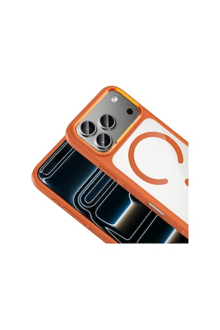 Apple Uyumlu iPhone 17 Pro Max - Apple Uyumlu iPhone 18 Pro Max Uyumlu Kılıf M-safe Şarj Özellikli Metal Kamera Çerçeveli Tiko Kapak Turuncu