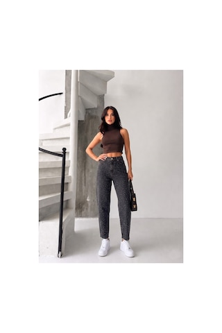 Kene Jeans Kahve Tint Paça Kesik Taşlı Mom Denim Pantolon Kahve Tint