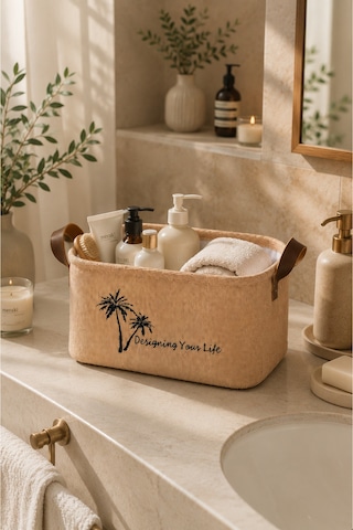 Jüt Kumaş Düzenleyici Sepet 34x24x20 Cm Açık Ağızlı Organizer Sepeti Raf Dolap Banyo Düzenleyici Doğal