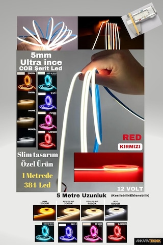 Ultra Ince 5mm. Kalınlık Cob Şerit Led Kırmızı Neon Gibi Yanar.