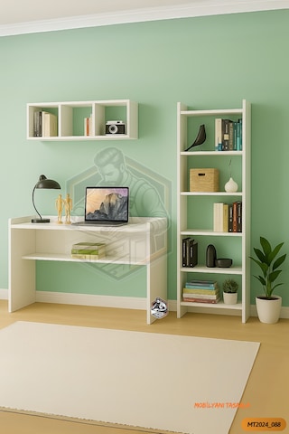 Tamamı Mdf Kitaplıklı Duvar Raflı Çalışma Odası Seti