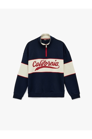 Koton Oversize Şardonlu Renk Bloklu Kolej Baskılı Yarım Fermuarlı Sweatshirt Lacivert 6wam70034mk Lacivert