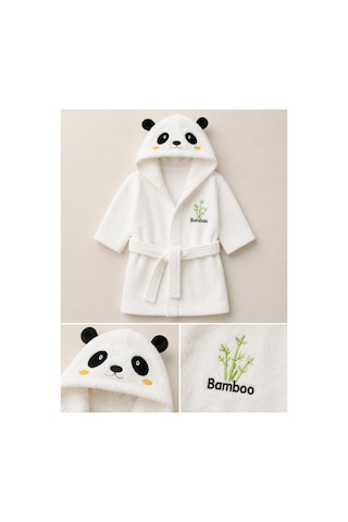 Yeni Doğan Bebek Bornoz Seti 3 Parça Panda Desenli Bambu Figürlü 0-24 Ay 0 - 24 Ay
