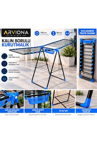 Arvıona Home 170 Cm Kalın Borulu Katlanabilir Metal Çamaşır Kurutmalığı 8 Borulu Mavi