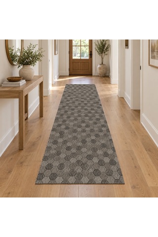 Kartela Halı Taş Petek Antrasit Koridor Mutfak Yolluk Halısı Kaymaz Taban Yıkanabilir 100x300 Cm