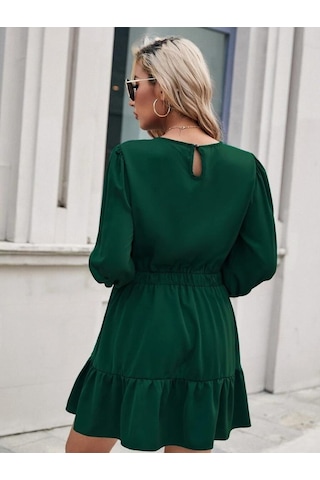 Kadın Uzun Kollu Bisiklet Yaka Beli Lastikli Fırfırlı Ithal Krep Elbise Yeşil