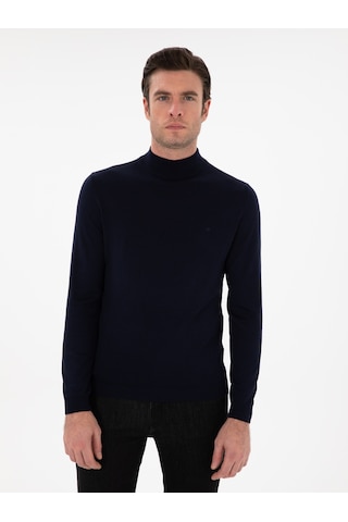 Cacharel Lacivert Slim Fit Yün Karışımlı Yarım Balıkçı Yaka Basic Triko Kazak
