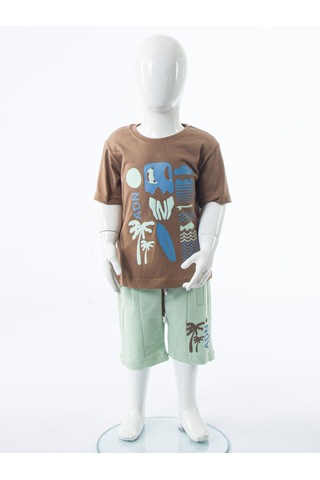 Xo Kids Erkek Çocuk Yazlık 2li Alt Üst Takım Tişort + Şort 2-7 Yaş 3224 Kahverengi